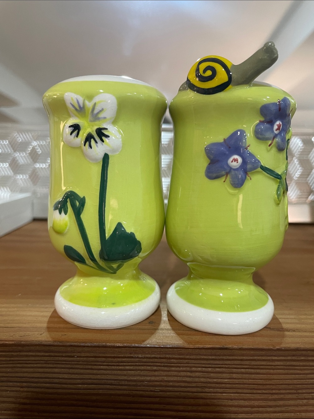 Anthropologie Hand-Painted Lime Green Floral Salt & Pepper Shaker Set